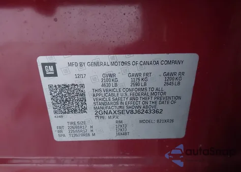 2018 Chevrolet Equinox Lt z USA, uszkodzony, nr VIN 2GNAXSEV8J6243362